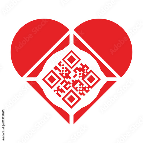 Red heart icon with an integrated QR code isolated on a white background. Concept for digital love, online dating, modern romance, wedding technology, and creative marketing for Valentine's Day.