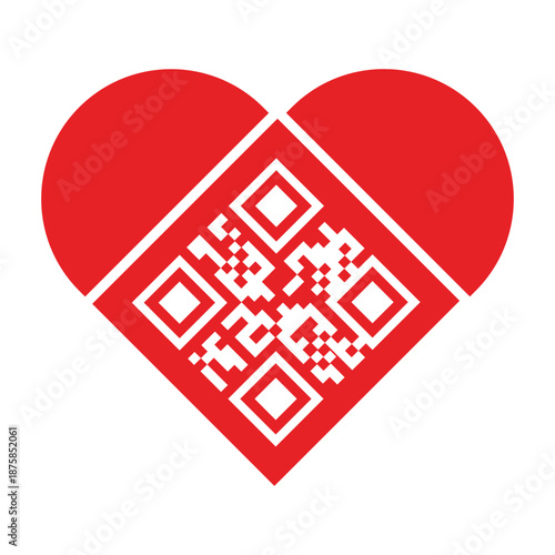Red heart icon with an integrated QR code isolated on a white background. Concept for digital love, online dating, modern romance, wedding technology, and creative marketing for Valentine's Day.