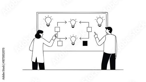 Two business professionals brainstorming ideas on a whiteboard with lightbulbs and flowcharts in a minimalist black and white line illustration