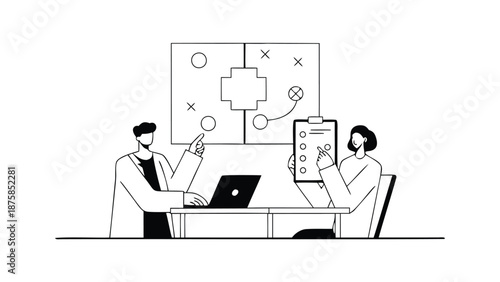 Two business professionals strategizing with a flowchart and laptop in a minimalist monochrome line art illustration