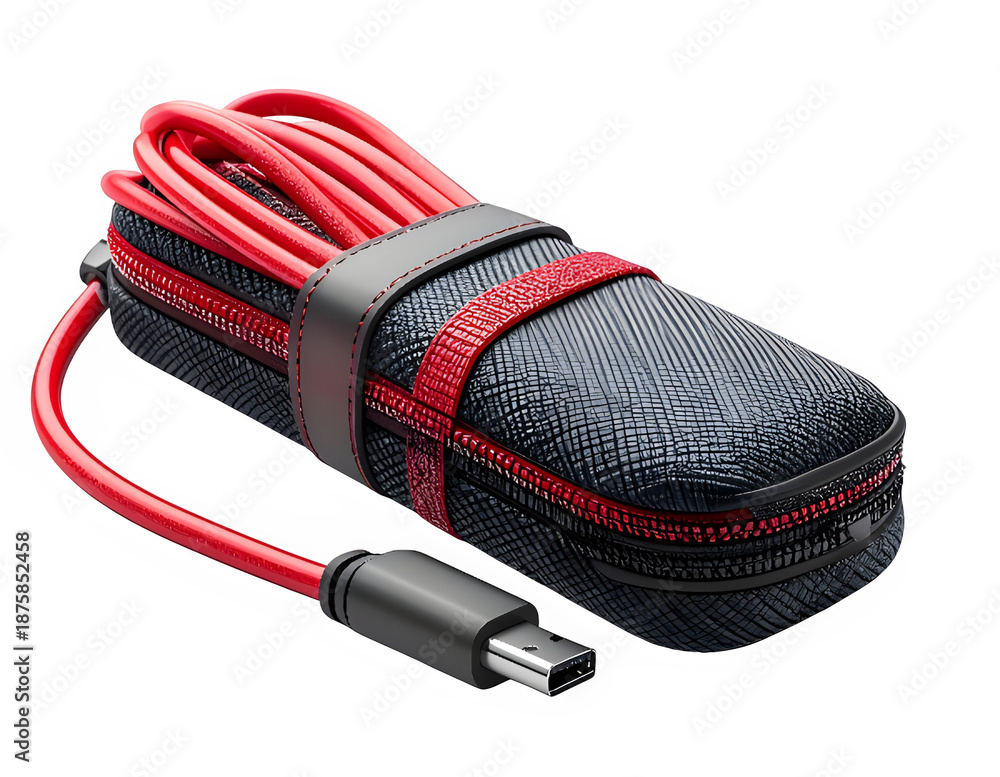 Fototapeta premium Red and black braided USB Type C charging cable with case.