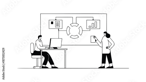 Minimalist monochrome line illustration of two business professionals collaborating with laptop and whiteboard
