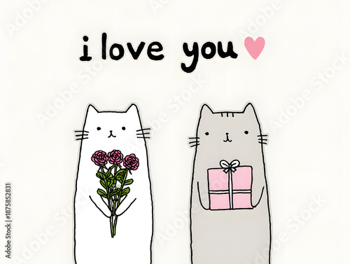 Cute Cat Couple Saying “I Love You” with Flowers and Gift – Minimal Hand-Drawn Valentine Illustration on White Background