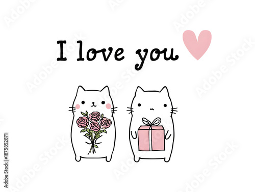 Cute Cat Couple Saying “I Love You” with Flowers and Gift – Minimal Hand-Drawn Valentine Illustration on White Background