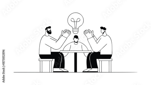 Three businessmen discussing challenge solution with calm idea lightbulb