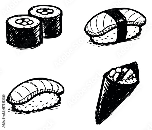 Hand drawn line art sushi set featuring maki rolls, nigiri, and temaki for Japanese food and restaurant menu designs