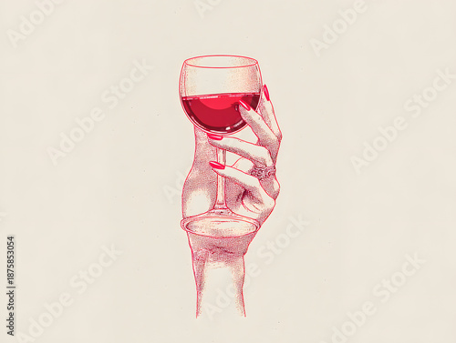 Elegant Hand Holding a Glass of Red Wine – Minimal Vintage Line Art Illustration with Red Ink on Cream Background