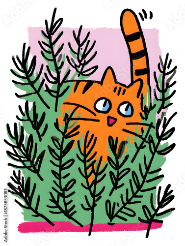 Playful Orange Cat Hiding in a Colorful Garden of Leaves and Flowers