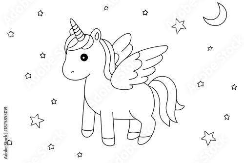 Cute Winged Unicorn Line Art Coloring Page with Stars and Moon for Kids and Fantasy Lovers