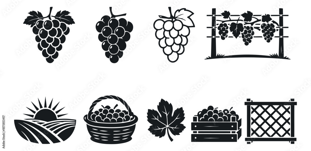 Fototapeta premium Glyph and line art style grape icon set featuring bunches, leaves, vineyard elements, and harvest items for winemaking and agriculture