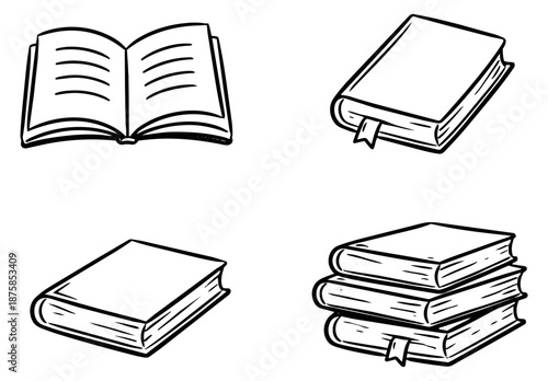Hand drawn line art book set featuring open and closed books, some with bookmarks, and a stack for reading and education concepts
