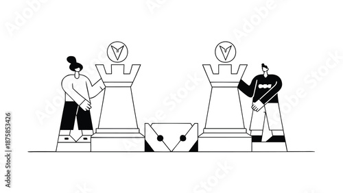 Business strategy concept with two people moving chess pieces for competitive advantage