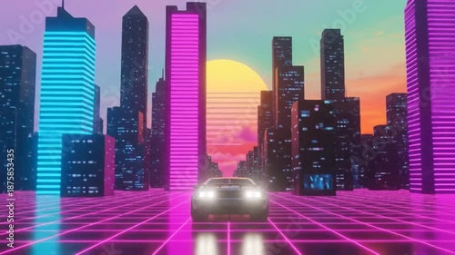 Retrofuturistic Cityscape with Classic Car and Neon Glow.