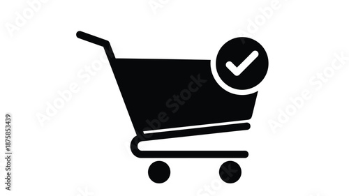 Simple black and white icon of a shopping cart with a checkmark symbol