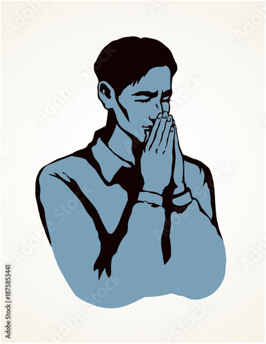 Young worry sorrow sad pretty kneel guy ask Lord on light white space for text. Black line ink drawn side thank praise plead fold palm arm purity adult logo sign icon concept sketch in retro art style