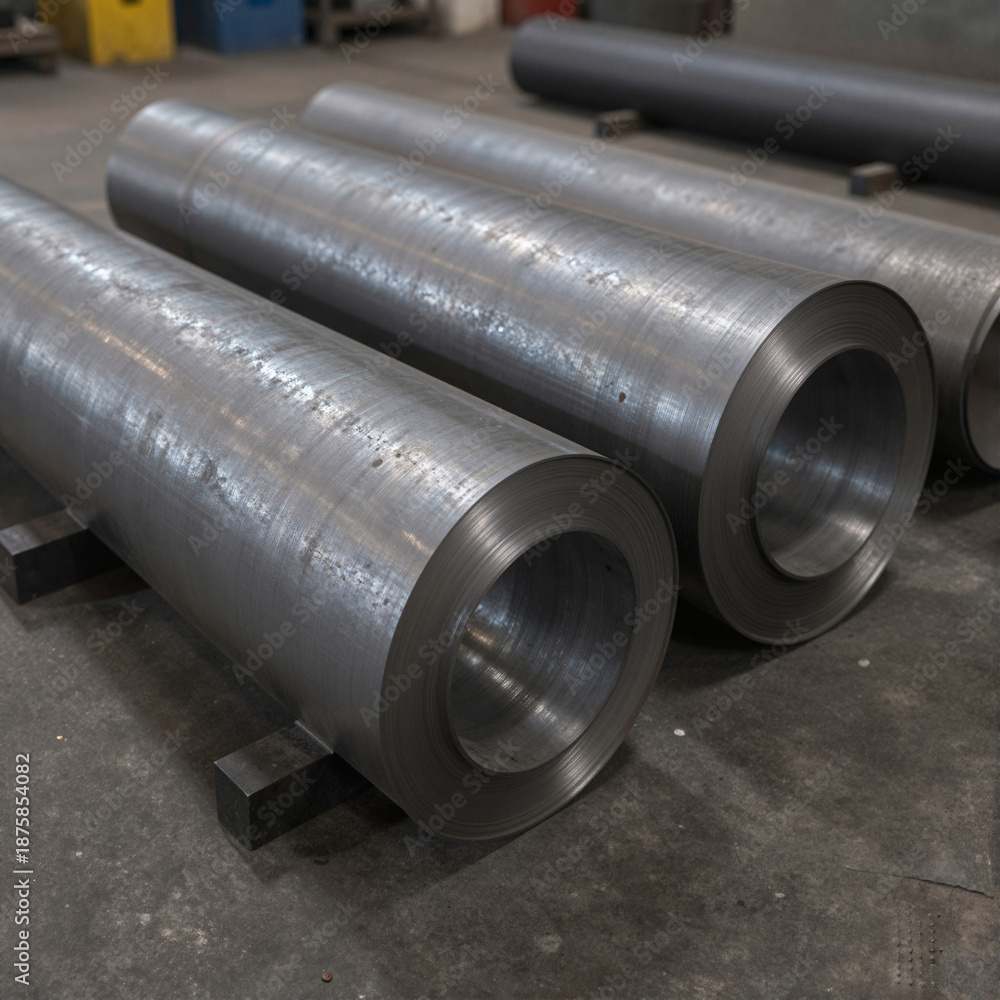 Fototapeta premium Industrial scene: large sheet metal coil rolls resting on supports in a gritty warehouse