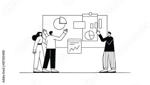 Business team analyzing data on a large chart with graphs and charts in a meeting room with a white background