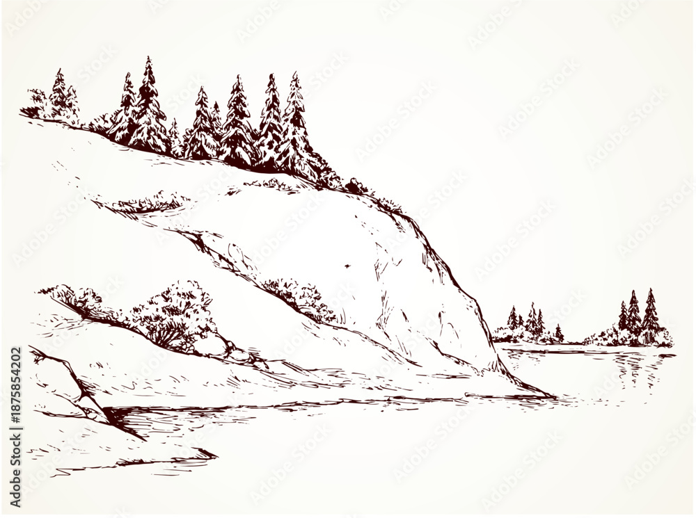Obraz premium Rustic scene with high cliff on riverbank with space for text on white sky backdrop. Alpine waterside. Outline freehand black ink hand drawn picture sketchy in art vintage scribble style pen on paper