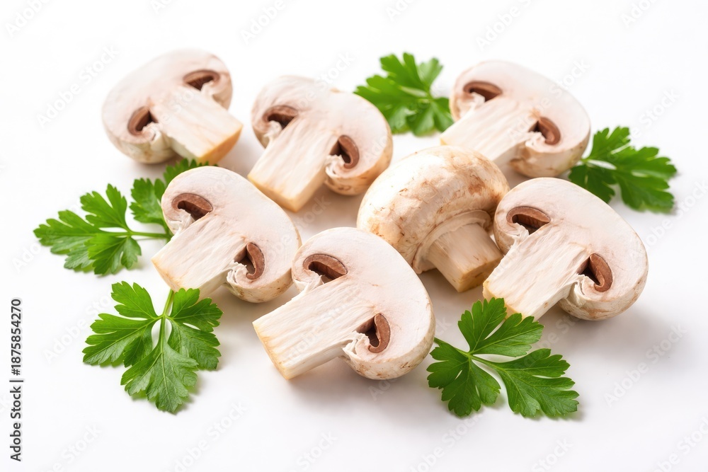 Fototapeta premium Fresh Champignon Mushrooms with Parsley Isolated on White Background