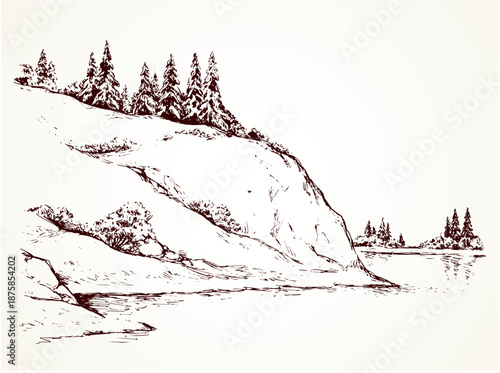 Rustic scene with high cliff on riverbank with space for text on white sky backdrop. Alpine waterside. Outline freehand black ink hand drawn picture sketchy in art vintage scribble style pen on paper