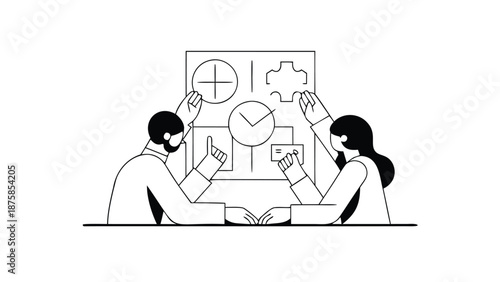 Professionals in a focused planning session eliminating tasks on a chart with clock and graphs