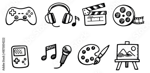 Art icons set featuring a game controller, headphones, clapperboard, film reel, game console, music notes, microphone, paint palette, and easel for creative hobbies and media