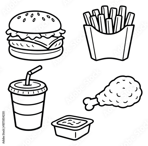Hand drawn line art fast food set featuring a burger, french fries, soda, chicken leg, and dipping sauce for restaurant menus