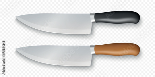Vector 3d Kitchen Chef Knife Set with Black and Wooden Handle. Stainless Steel Cooking Knife Illustration, Isolated. Culinary Tool Clipart for Restaurant Menu, Recipe Design and Food Branding