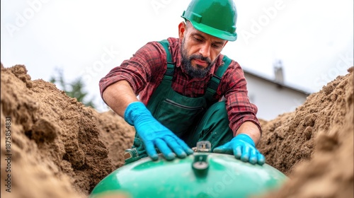 Professional Worker Installing Underground Septic Tank in Construction Trench