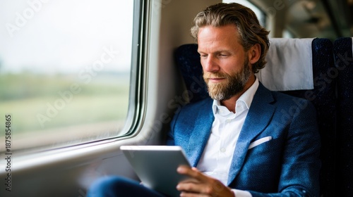 Confident Businessman Using Digital Tablet While Traveling by Train