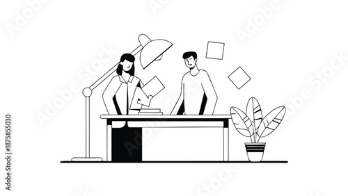 Two professionals collaborating at a desk with a lamp and plant in a late night brainstorming session surrounded by papers and ideas