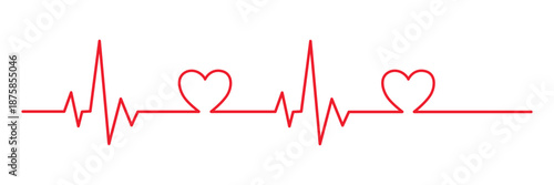 Red Heartbeat Line with Two Hearts electrocardiogram isolated on transparent background