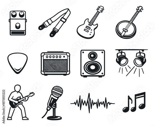 Line art music equipment and instrument set featuring guitars, a banjo, sound equipment, and accessories for performances