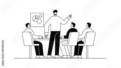 Confident leader presenting to team in meeting room with chart on wall vector illustration of business discussion