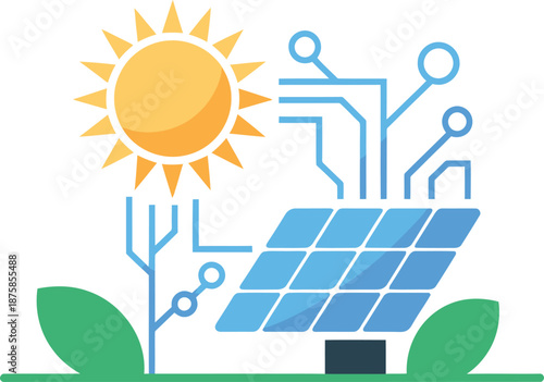 Renewable energy concept with solar panel and circuit connections, flat vector illustration