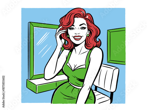Pop art illustration of vintage pin up woman with red hair in green dress looking in the mirror. Retro comic style.