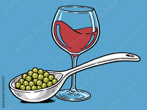 Retro comic pop art illustration of red wine glass and spoon of green peas on blue background. Food and beverage vector graphic design.