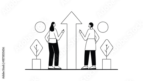 Business professionals discussing long term growth strategy with upward arrow