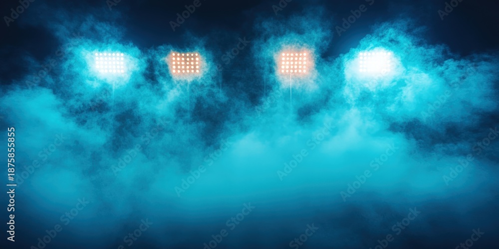 Obraz premium Four bright grid lights illuminate dense blue fog in a dark, atmospheric setting
