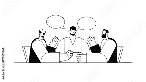 Three professionals engaged in a constructive mentorship discussion at a table demonstrating trust clarity and collaboration in a simple black and white illustration style