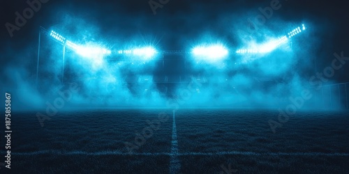 Empty soccer field at night, illuminated by bright blue stadium lights through fog