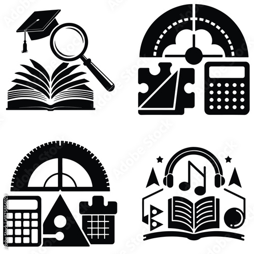 Education and learning concepts vector illustration set with books, magnifier, clock, calculator, music notes, and protractor in flat design style