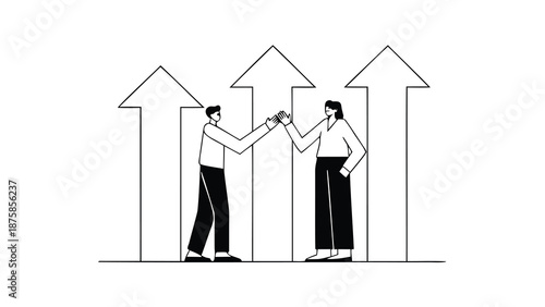 Two professionals shaking hands in front of upward trending arrows minimalist line illustration symbolizing partnership and success