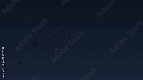 Valentines day fireworks show with heart shapes in the night sky for love celebrations