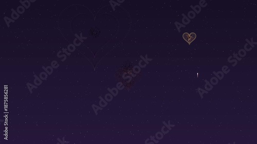 Valentines day fireworks display with heart shapes in the night sky celebrating love and affection during the holiday time