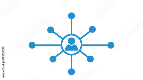 A blue network illustration featuring a central person icon connected to multiple nodes