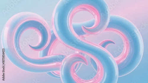 Smooth, flowing abstract 3D shapes that resemble liquid frozen in time, in baby blue and pink.