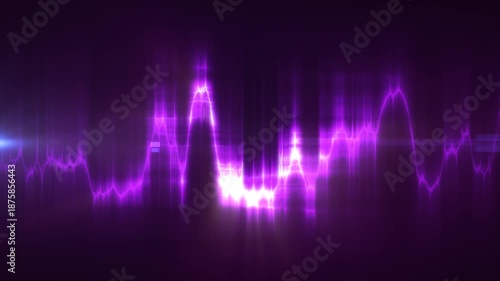 Abstract purple neon waveform with bright central peaks, symbolizing music energy, audio frequency, and futuristic digital sound