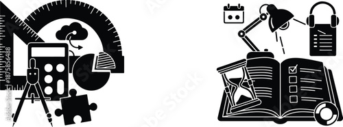 Creative workspace tools and education concept with camera, laptop, book, lock, and key vector illustration flat design