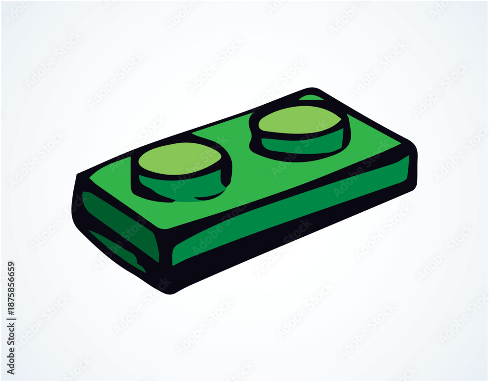 Fototapeta premium Close up vibrant green big flat building constructor puzzle fix kit set white text space backdrop. Bright happy color hand drawn funny design object logo emblem modern web art doodle funny joy style